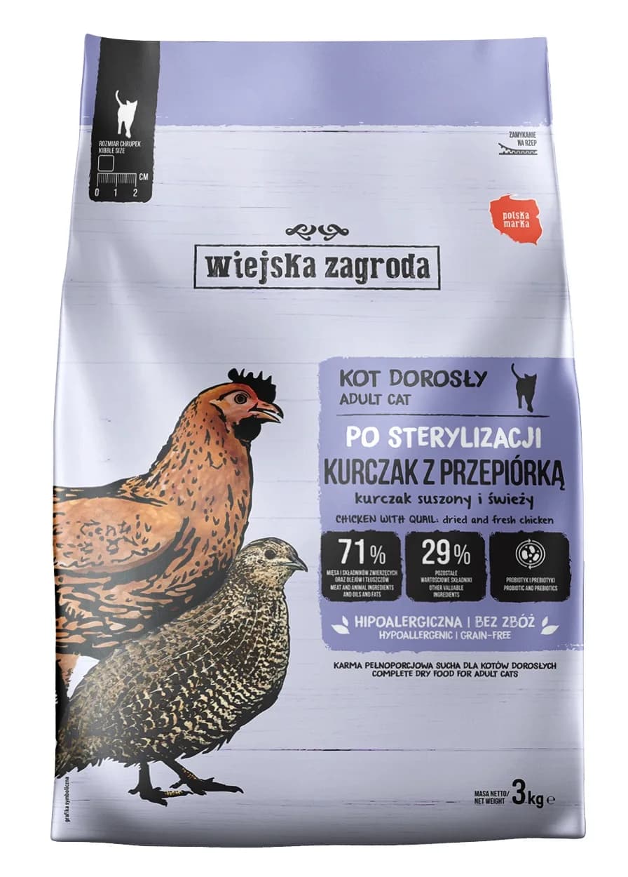 Wiejska Zagroda Sterilized karma sucha dla dorosłych kotów Kurczak z przepiórką