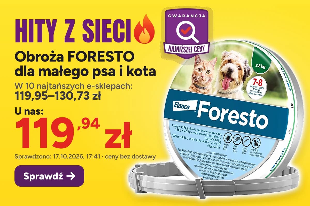 Obroża FORESTO dla małego psa i kota — u nas 119,94 zł, w 10 najtańszych e-sklepach 119,95–130,73 zł (sprawdzono 17.10.2026, 17:41, ceny bez dostawy)