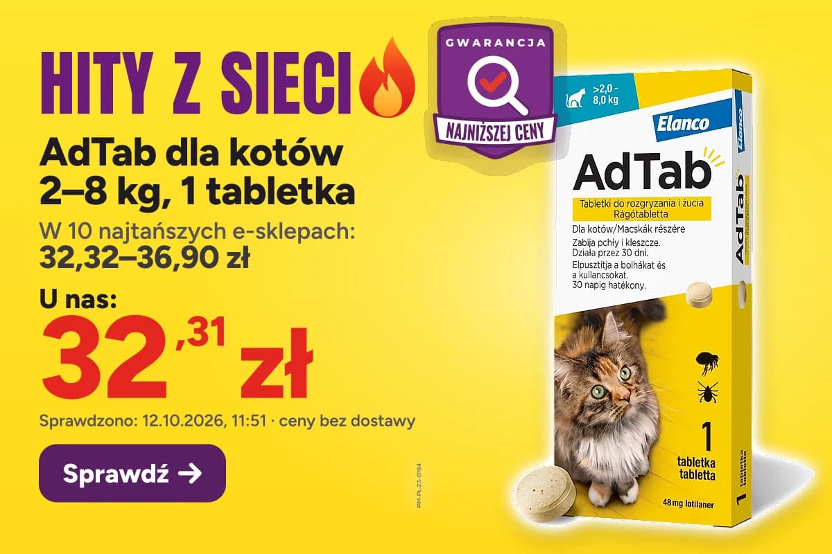 AdTab dla kotów 2–8 kg, 1 tabletka — u nas 32,31 zł, w 10 najtańszych e-sklepach 32,32–36,90 zł (sprawdzono 12.10.2026, 11:51, ceny bez dostawy)