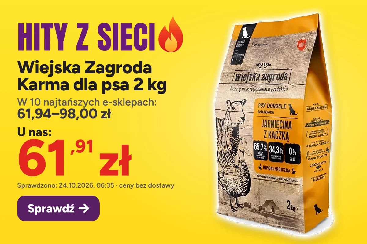 Wiejska Zagroda Karma dla psa 2 kg — u nas 61,91 zł, w 10 najtańszych e-sklepach 61,94–98,00 zł (sprawdzono 24.10.2026, 06:35, ceny bez dostawy)