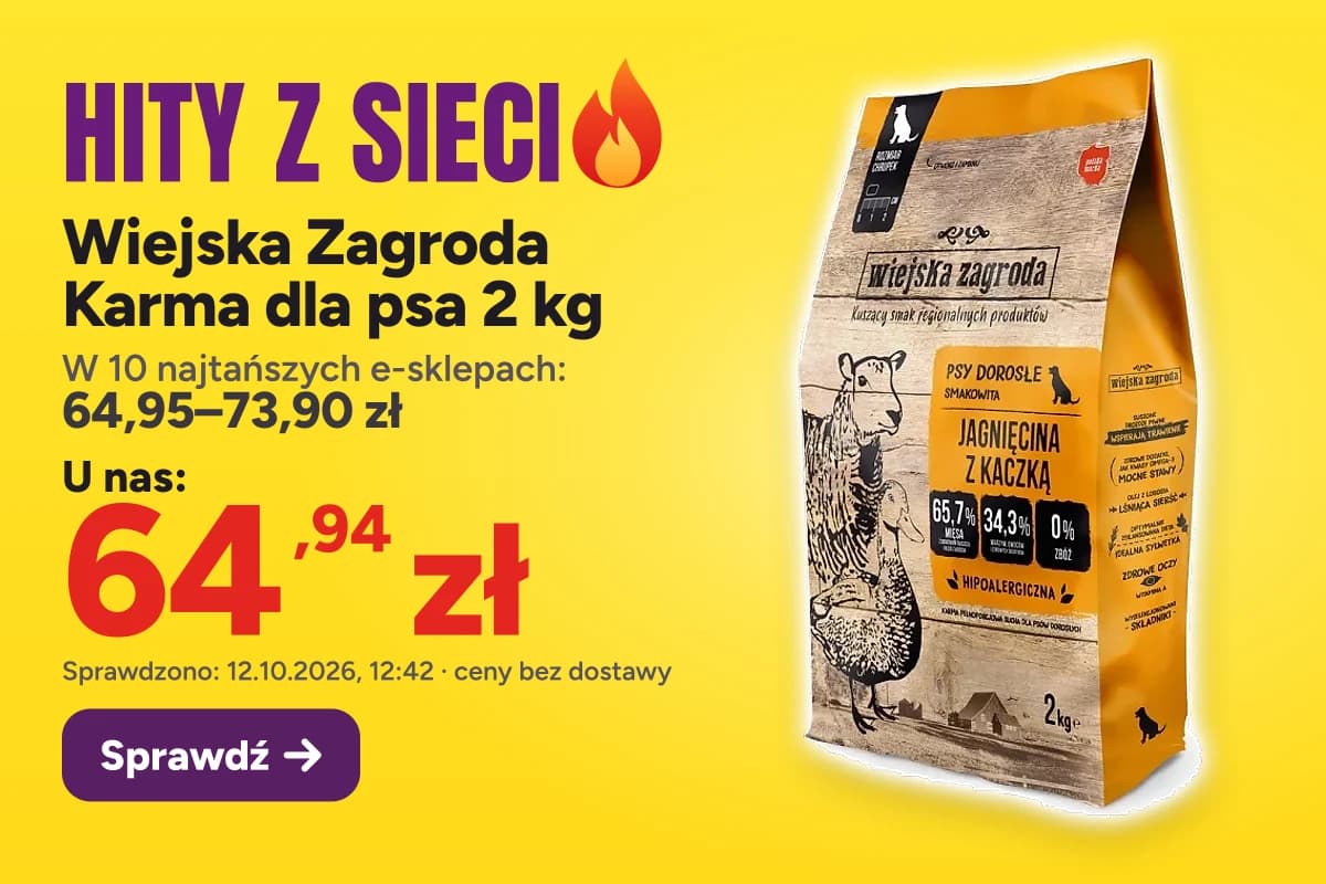 Wiejska Zagroda Karma dla psa 2 kg — u nas 64,94 zł, w 10 najtańszych e-sklepach 64,95–73,90 zł (sprawdzono 12.10.2026, 12:42, ceny bez dostawy)
