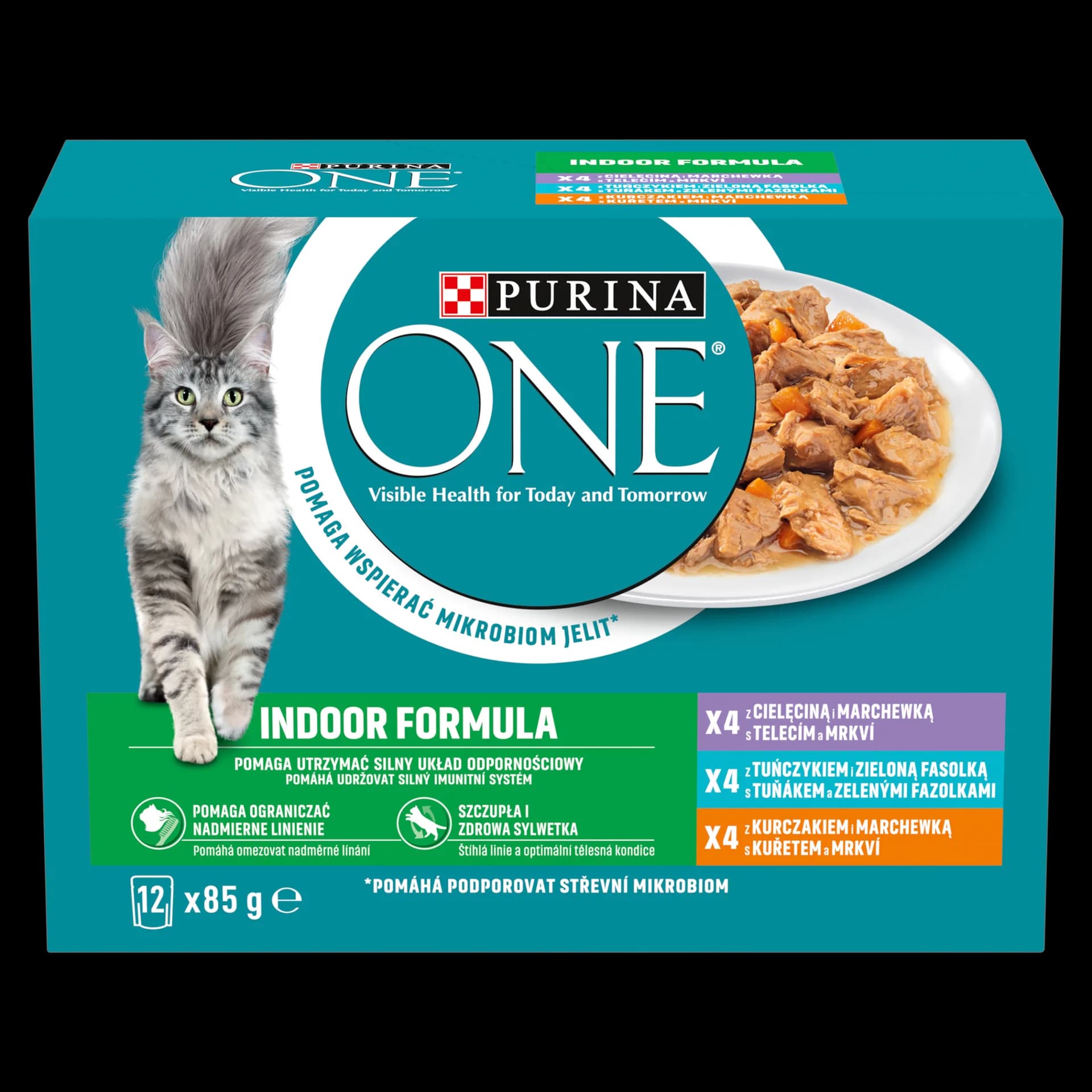 Purina ONE Indoor Formula karma mokra z cielęciną, tuńczykiem i kurczakiem dla dorosłych kotów niewychodzących Ean: 7613287903891 12 × 85 g