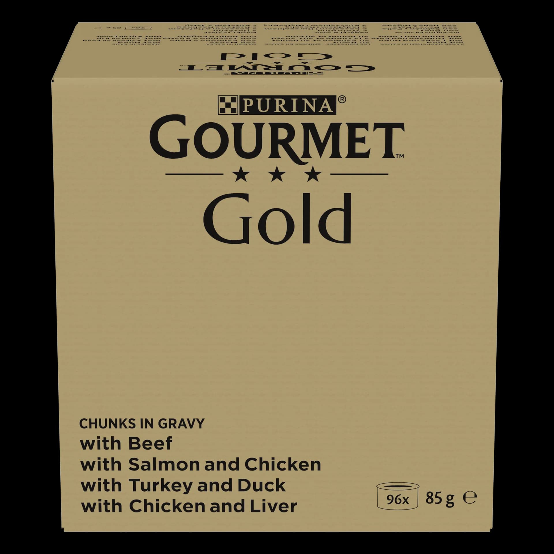 Gourmet Gold Kawałki w sosie karma mokra mix smaków z wołowiną, z kurczakiem i wątróbką, z łososiem i kurczakiem dla dorosłych kotów 96 × 85 g