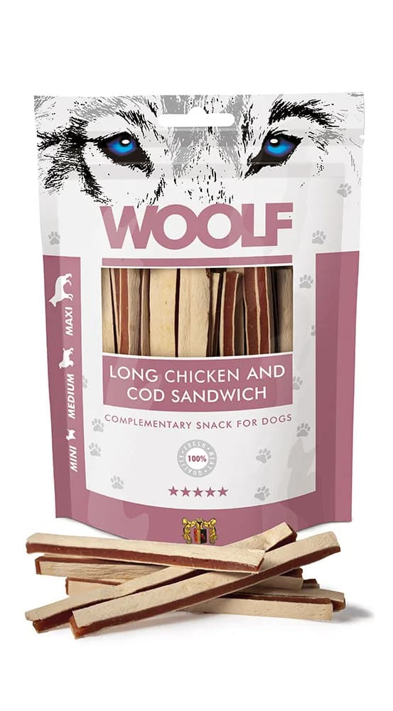 Woolf Long Chicken And Cod Sandwich Przysmak dla psa Paski Kurczak Dorsz 100 g