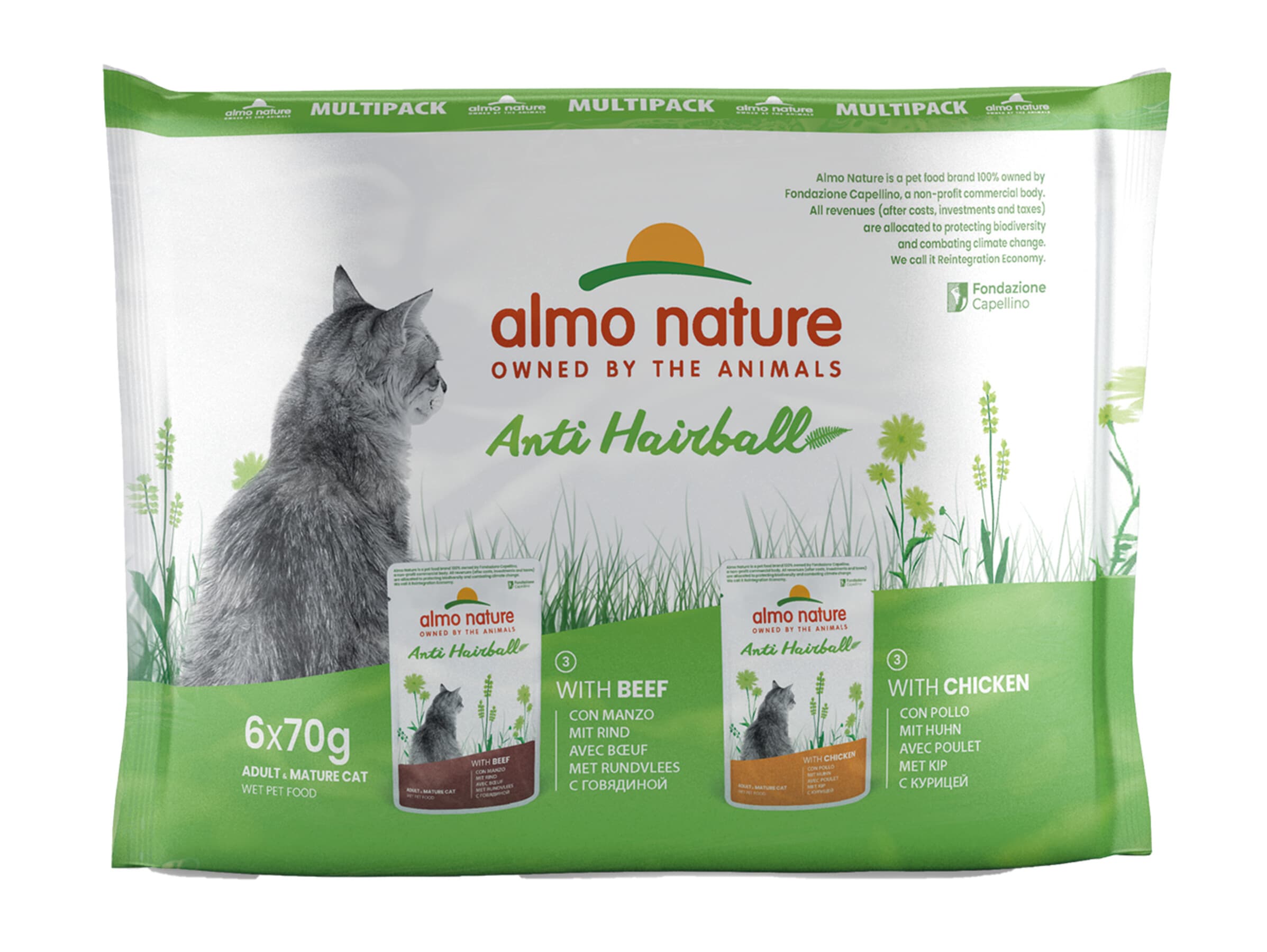 Almo Nature Holistic Anti Hairball Multipack z karma mokra wołowiną i kurczakiem dla kota 6 × 70 g