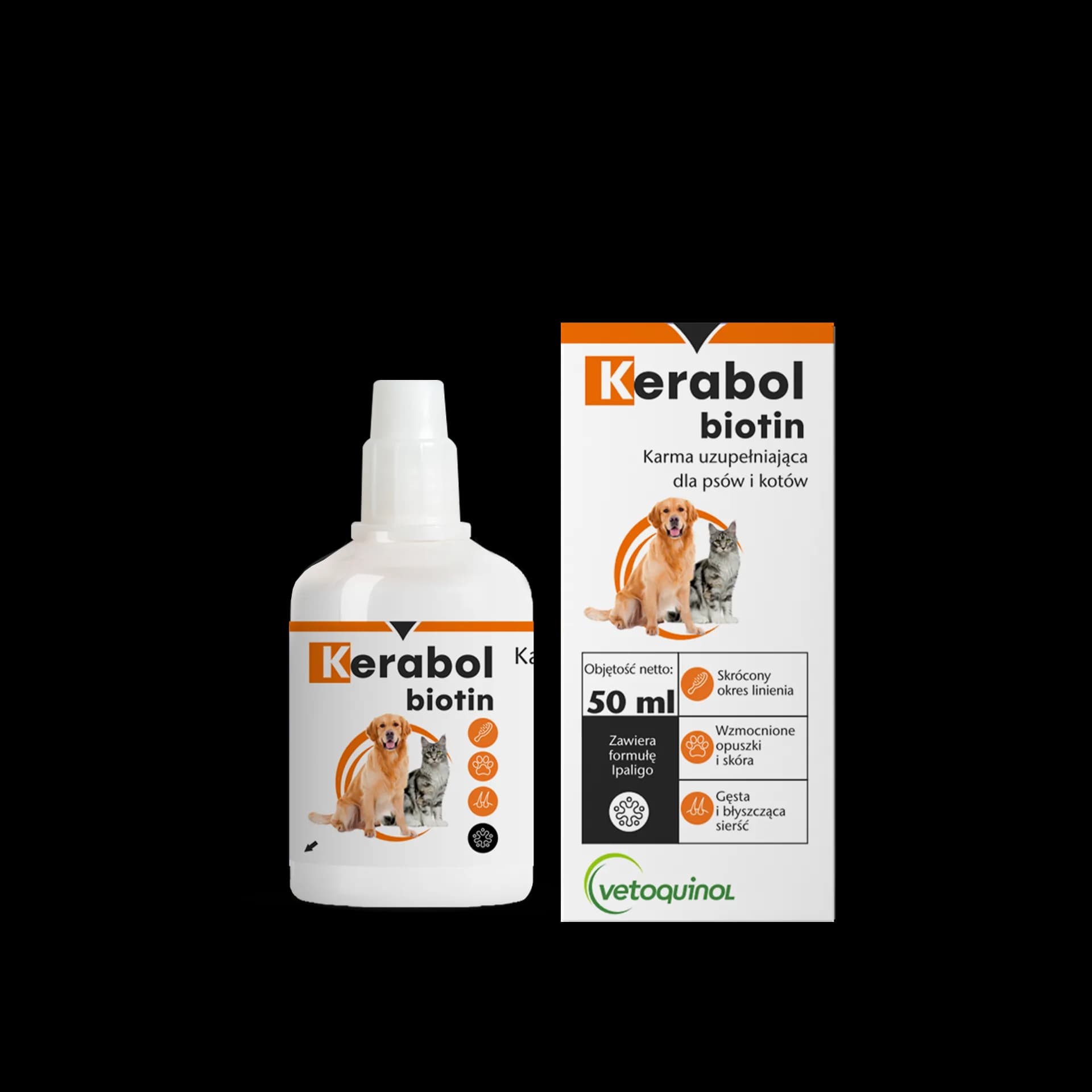 Vetoquinol Kerabol Karma uzupełniająca na kondycję skóry i włosów dla psów i kotów różna pojemność – 20 ml