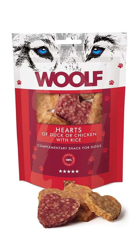 Woolf Hearts OF Duck Chicken Rice przysmak Treserki dla psa Kaczka i Kurczak 100 g