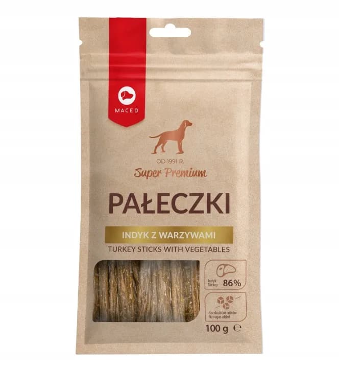 Maced Przysmaki przysmak dla psów Pałeczki Indyk z Warzywami Smakołyki Smaczki 100 g