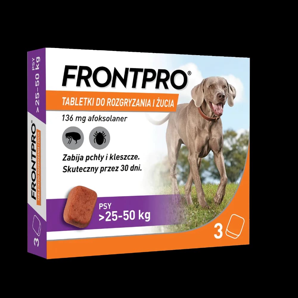 Frontpro tabletki do rozgryzania i żucia przeciw pchłom i kleszczom dla psów – dla psów 25-50 kg