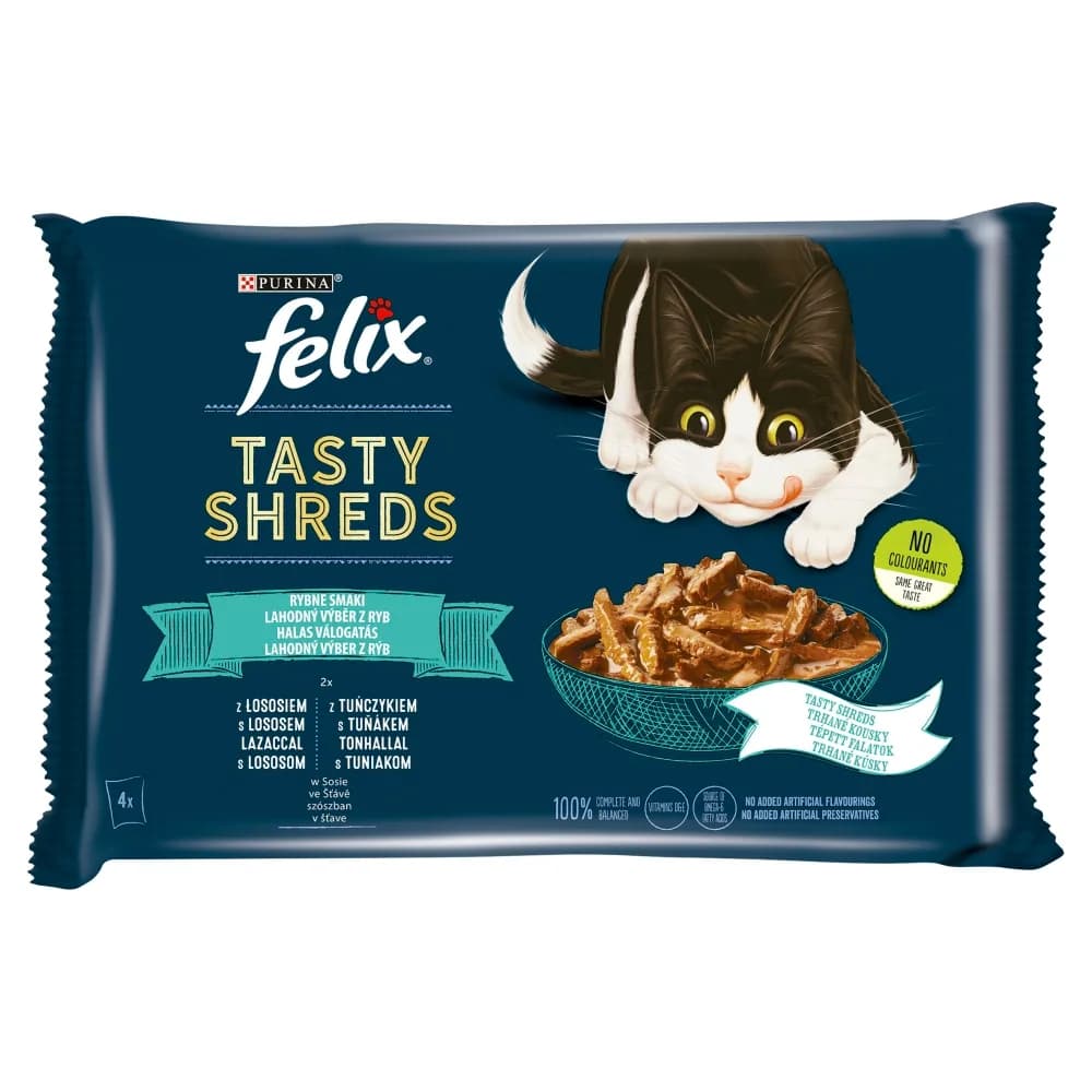 Felix Tasty Shreds Karma dla dorosłych kotów rybne smaki w sosie 320 g 4 × 80 g