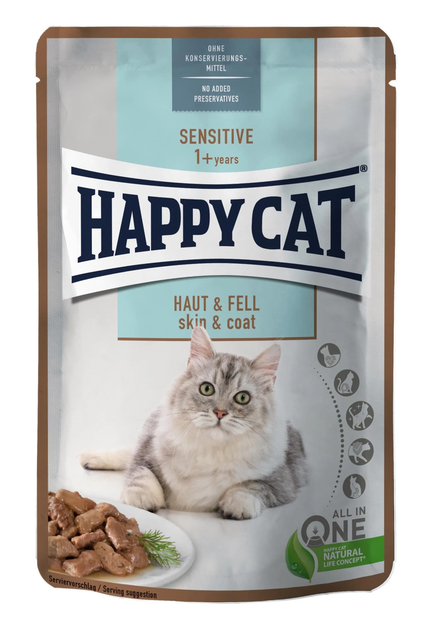 Happy Cat Sensitive Meat in Sauce Skin & Coat karma mokra dla dorosłych kotów kurczak i łosoś 85 g