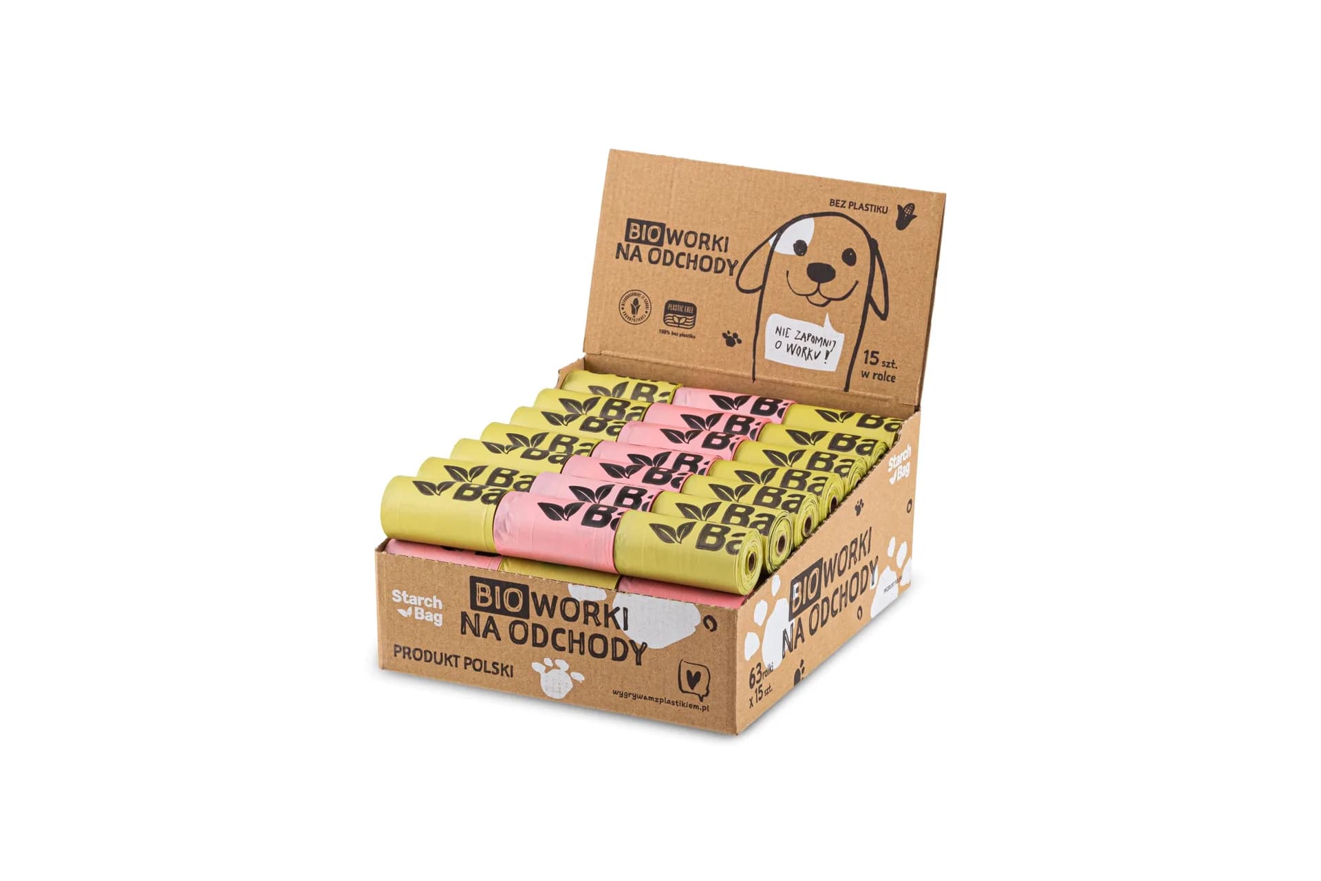 StarchBag Kompostowalne BIOworki na odchody, mix 30 x róż, 33 x zielony 63 rolki x 15 szt.