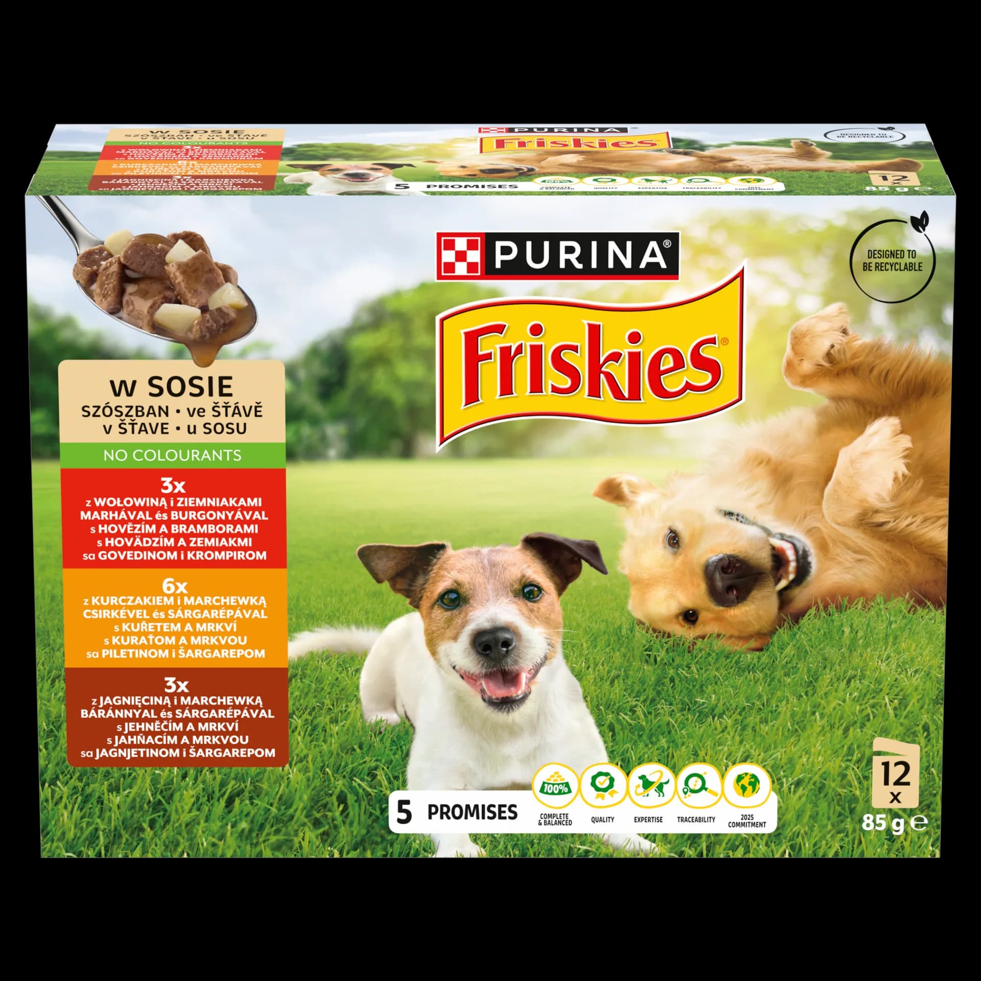 Friskies Karma mokra z wołowiną, kurczakiem i jagnięciną w sosie dla dorosłych psów 12 x 85 g