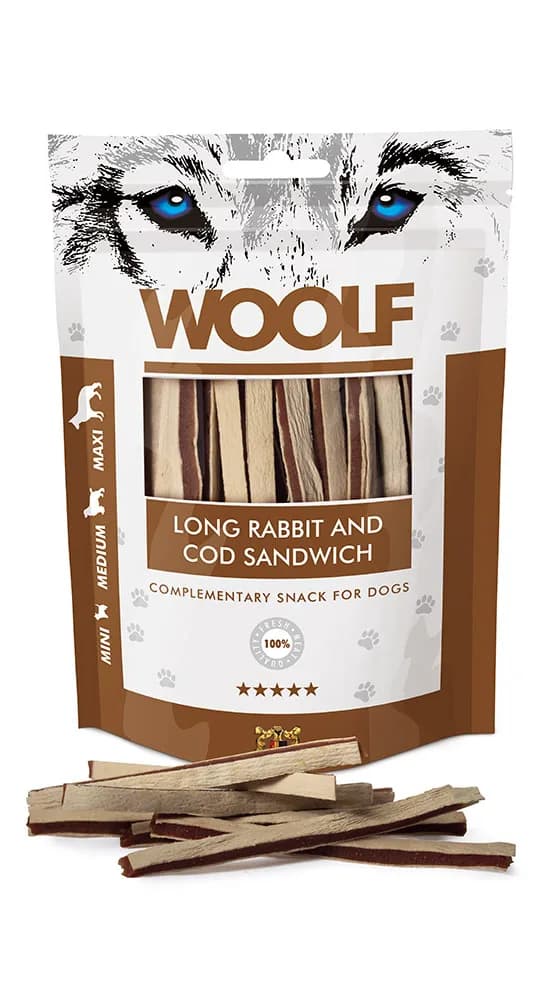Woolf Rabbit Cod Sandwich Miękkie Paski z Królika z Dorszem dla psa 100 g